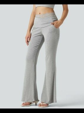 HALARA Fog Gray, Wide Leg, Ribbed Knit Pants with Lace Waistband & Pockets